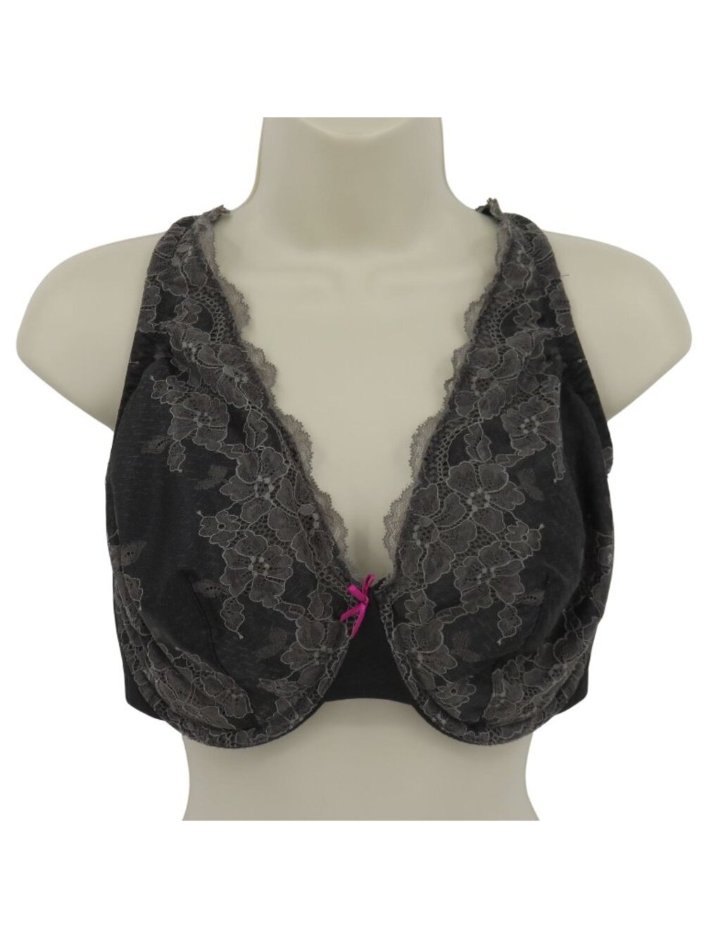 Cacique 44D Lightly Lined Full Coverage Bra Black Gray Floral Flower Lace Bow